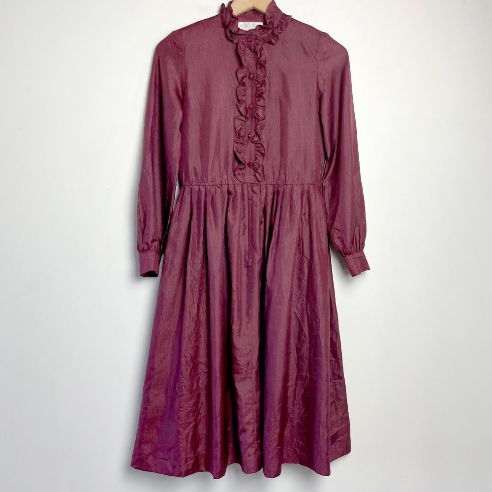 Vintage 80s Ruffle‎ Front Midi Dress Small Burgundy High Neck Romantic Victorian